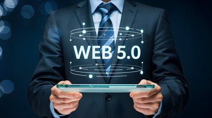 Businessman holding a tablet with the words web 50, conceptual technology