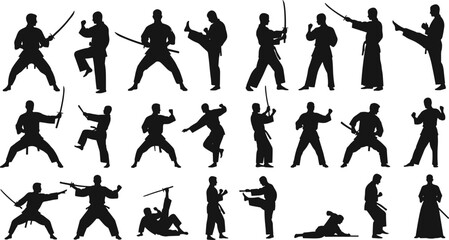 Martial arts fighters training with katana and sword in various poses and stances, black silhouette vector illustration