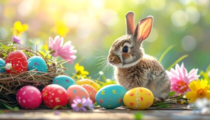 Cute bunny with Easter eggs in a garden setting