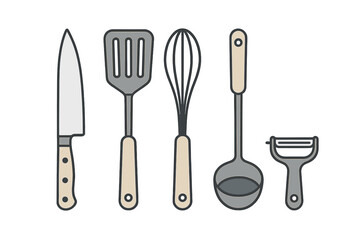Variety of essential kitchen cooking tools and utensils for culinary activities and food preparation