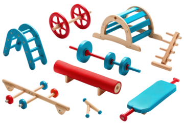 Colorful wooden miniature gym equipment arranged artistically, showcasing various exercise tools for creative playtime and imagination isolated on transparent background