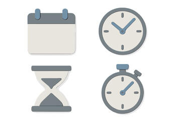 Modern calendar, clock, hourglass, and stopwatch symbols for time management, scheduling, and productivity