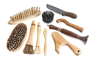 Artisan tools and brushes arranged beautifully on a bright surface for creative craftsmanship and artistic projects isolated on transparent background