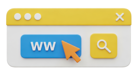 Browser window with search icon and cursor isolated on transparent background