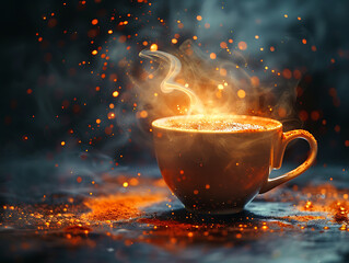 A steaming cup of coffee with bokeh and dark background