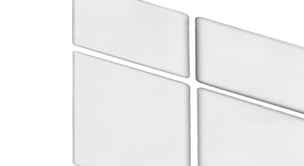 Four white acoustic panels are arranged to create a modern design isolated on transparent background