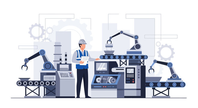 Illustration of a factory worker in a modern automated manufacturing plant