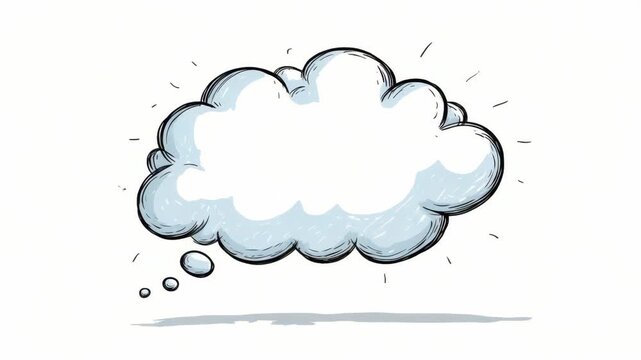 Blue thought bubble with sketchy hand-drawn style on white background, concept of thinking, imagination, or creative brainstorming