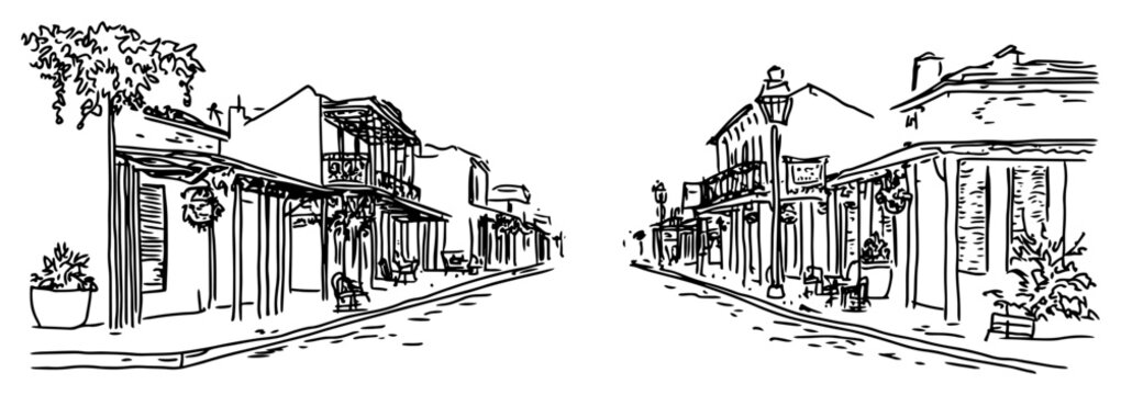 Old Western Town Main Street Panorama Line Art Vector