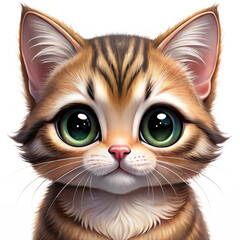 Adorable kitty portrait. Green eyes, brown and white striped fur, cute face, big pupils