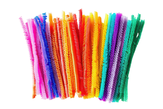 Colorful craft pipe cleaners arranged artistically in vibrant hues on a white background, perfect for creative projects and DIY activities isolated on transparent background