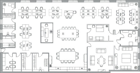 Vector art of architectural floor plan of a modern office space with meeting rooms and workstations