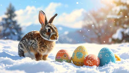 Cute bunny with Easter eggs in snowy landscape
