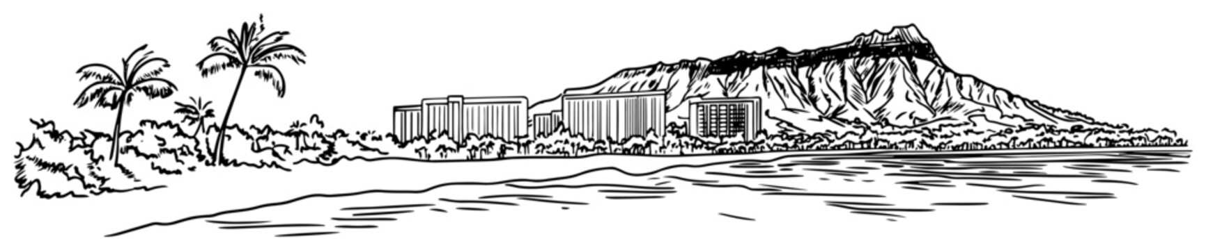 Waikiki Beach with Diamond Head Panorama Line Art
