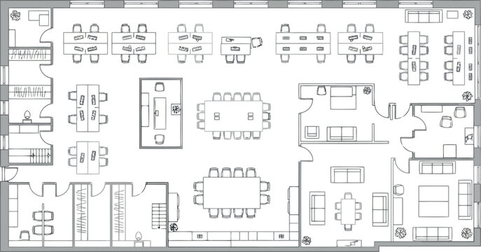 Vector art of architectural floor plan of a modern office space with meeting rooms and workstations
