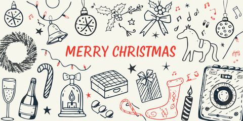 Merry christmas hand drawn doodle elements and festive decorations on a light background
