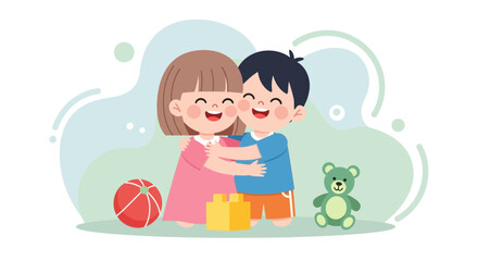 Happy Children Hugging With Toys, Perfect For Illustration, Joy And Childhood Concept