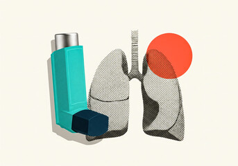 Retro medical collage series: asthma inhaler with halftone lungs — respiratory health and pulmonology illustration