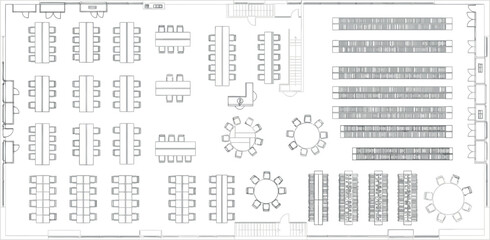 Vector art of topdown view of a modern office floor plan with cubicles, meeting rooms, and open spaces © SampaRani
