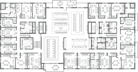 Vector art of architectural blueprint of a large office floor plan with cubicles, meeting rooms, and offices © SampaRani