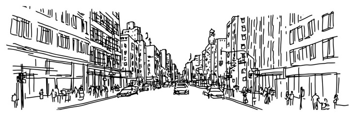 Urban City Street Perspective with Crowd Hand Drawn Vector