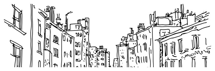 European Old Town Street with Rooftops and Chimneys Hand Drawn Vector