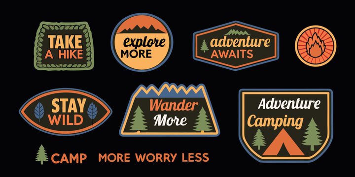 Collection of retro adventure outdoor camping and hiking badges and stickers with inspirational quotes