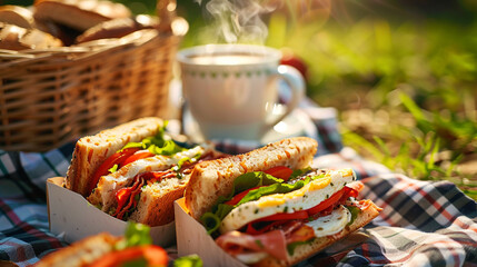 A realistic picnic scene on a checkered blanket 