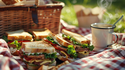 A realistic picnic scene on a checkered blanket 