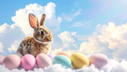 Cute bunny with pastel eggs on fluffy clouds against a bright sky