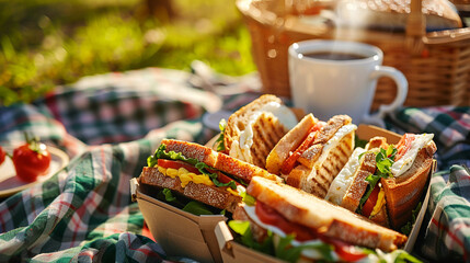 A realistic picnic scene on a checkered blanket 