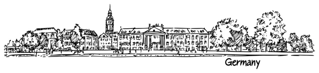 German Riverside City Skyline Line Art Vector