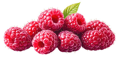 Vivid  composition showcases a pile of ripe, juicy raspberries against a stark black backdrop, highlighting their textured surfaces, vibrant red hues, and the presence of a single green leaf,...