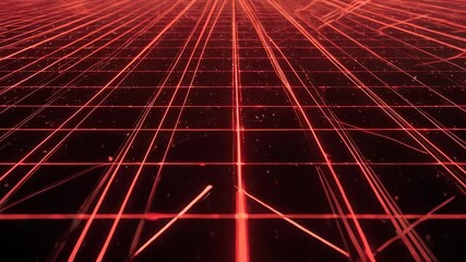 A red grid pattern of lines extends towards a vanishing point, with scattered debris