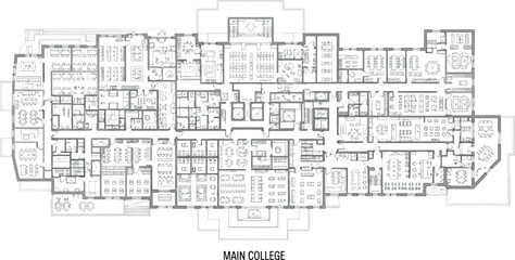 Vector art of architectural blueprint of a large building floor plan with many rooms and corridors © SampaRani