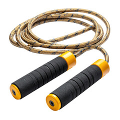 A   shot displays a high-quality skipping rope, featuring a textured beige and blue cord, ergonomically designed black handles, and vibrant yellow accents on each handle end, set against a solid...