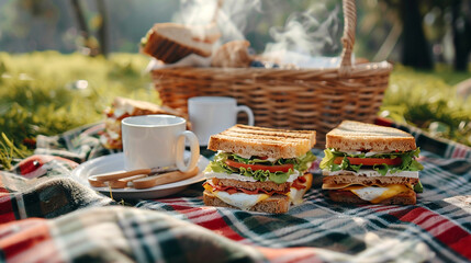 A realistic picnic scene on a checkered blanket 