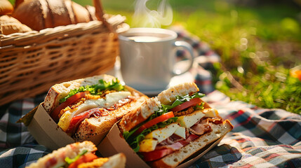 A realistic picnic scene on a checkered blanket 