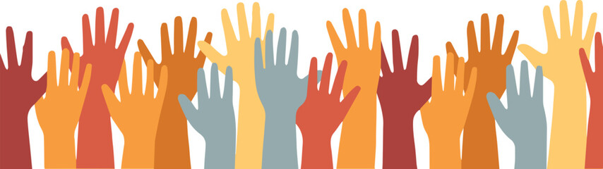 Obraz premium diverse hands raised in unity flat vector art for community engagement, voting, volunteer and teamwork design