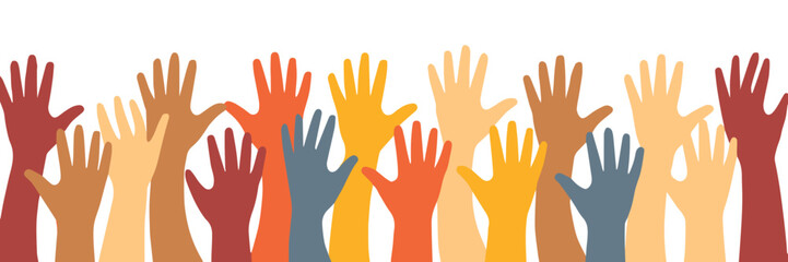 inclusive raised hands vector illustration of diverse community participation and support, unity and volunteering concept
