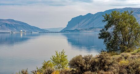 Panorama of the dam across the Columbia River from Wanapum State Park, Washington, USA
