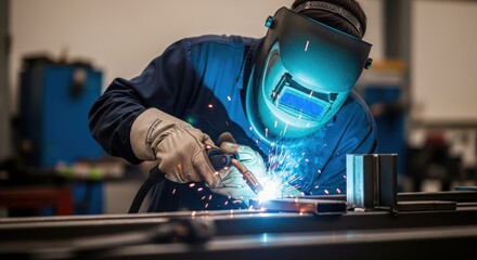 Skilled craftsman performing industrial metalwork with a welding torch creating bright sparks