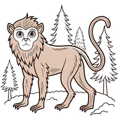 Cartoon monkey standing near trees illustration, light colors