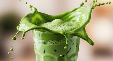 Green matcha drink splash in glass with ice cubes in motion.
