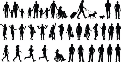 Large set of diverse people silhouettes in various everyday activities, including walking, running, exercising, and traveling, black vector illustration