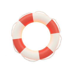 Circular life preserver in vibrant red and white colors, floating against a pure black backdrop, with carefully rendered details and visible ropes, showcasing a clean and minimalist aesthetic that...