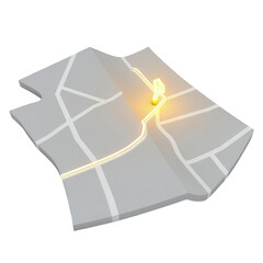 Illuminated map displaying a route, with a glowing yellow light indicating the destination and path, set against a black background, showcasing navigation and travel conceptualization, providing an...