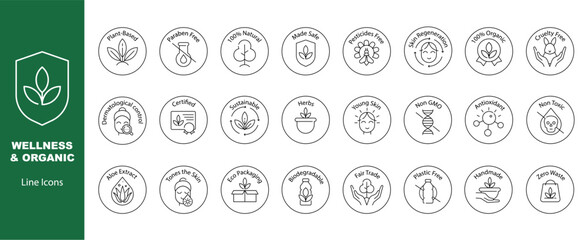 Set of Eco line art icons with text. Symbols for natural products, labels, wellness design