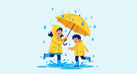 Naklejka premium Joyful Kids Playing In Rain Under Umbrella And Enjoying Pleasant Wet Weather