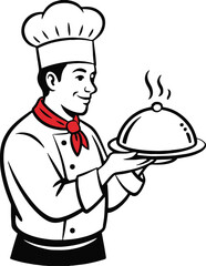chef with toque holding steaming cloche cartoon vector for cooking blog restaurant menu and food service
